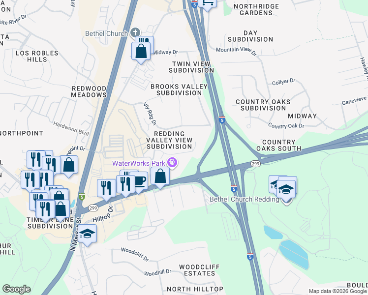 map of restaurants, bars, coffee shops, grocery stores, and more near 296 Boulder Creek Drive in Redding