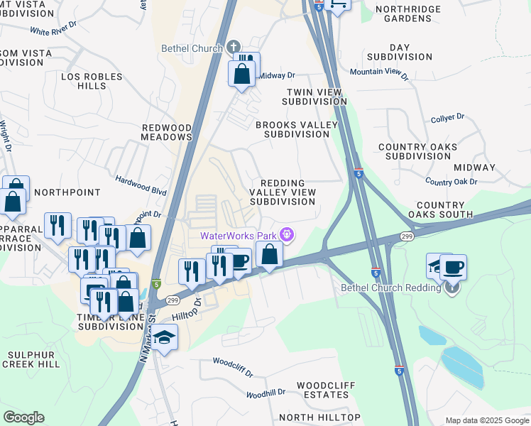 map of restaurants, bars, coffee shops, grocery stores, and more near 200 Boulder Creek Drive in Redding