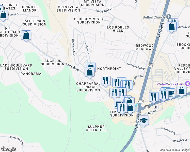 map of restaurants, bars, coffee shops, grocery stores, and more near 4500 Alder Street in Redding