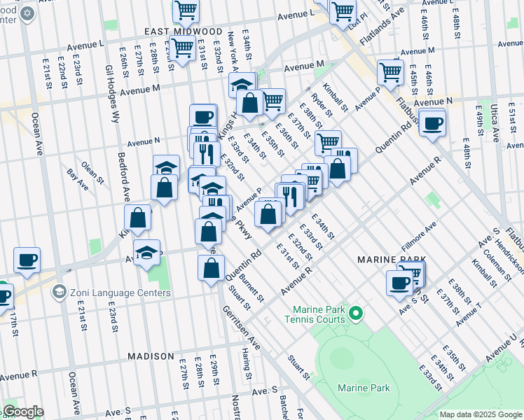 map of restaurants, bars, coffee shops, grocery stores, and more near 1621 East 32nd Street in Brooklyn