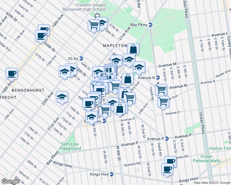 map of restaurants, bars, coffee shops, grocery stores, and more near 2225 64th Street in Brooklyn