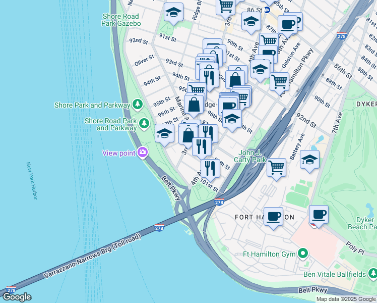 map of restaurants, bars, coffee shops, grocery stores, and more near 9902 3rd Avenue in Brooklyn