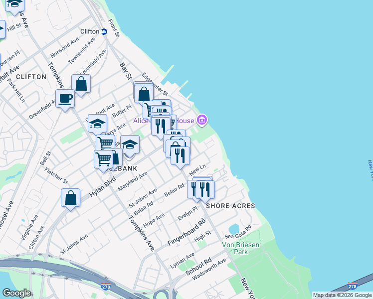 map of restaurants, bars, coffee shops, grocery stores, and more near 58 Maryland Avenue in Staten Island