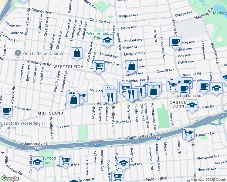 map of restaurants, bars, coffee shops, grocery stores, and more near 70 Watchogue Road in Staten Island