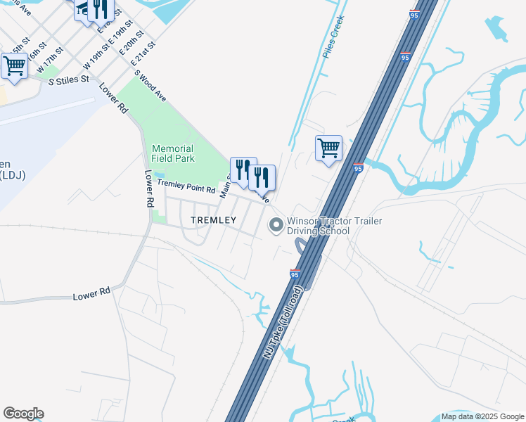 map of restaurants, bars, coffee shops, grocery stores, and more near 3202 Tremley Point Road in Linden