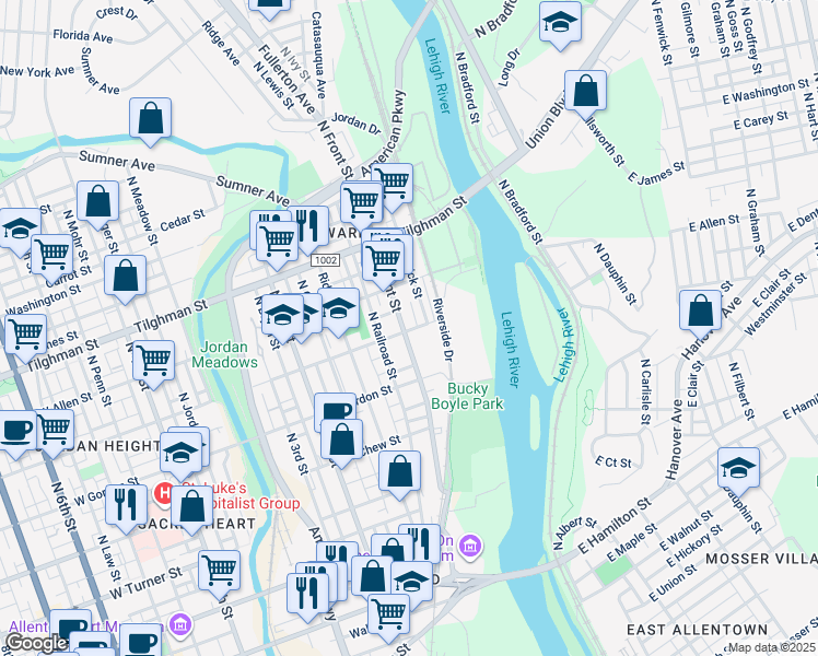 map of restaurants, bars, coffee shops, grocery stores, and more near 513 North Front Street in Allentown