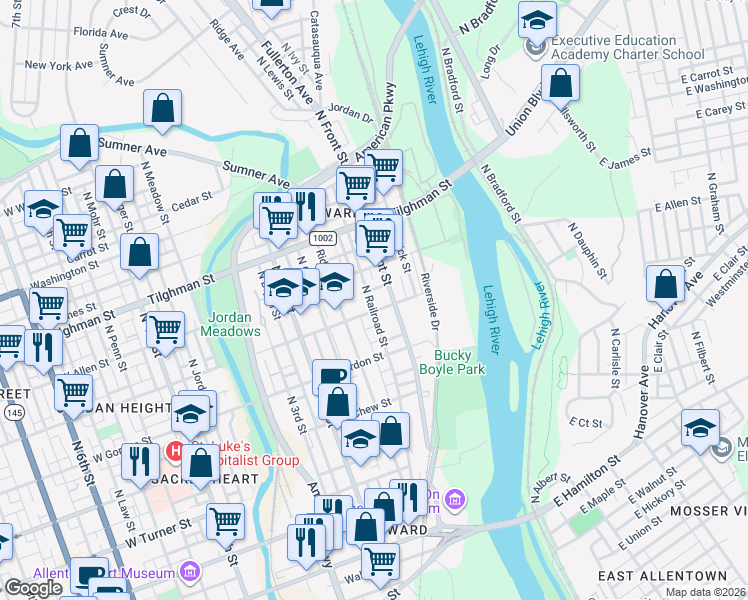 map of restaurants, bars, coffee shops, grocery stores, and more near 500 North Railroad Street in Allentown