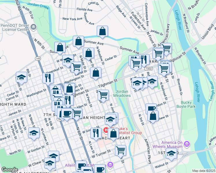 map of restaurants, bars, coffee shops, grocery stores, and more near 645 North Jordan Street in Allentown