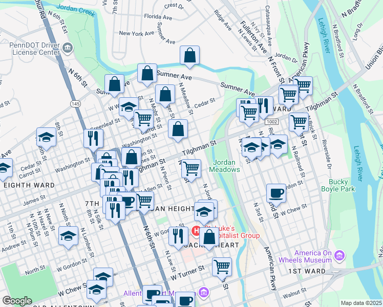 map of restaurants, bars, coffee shops, grocery stores, and more near 708 North Jordan Street in Allentown