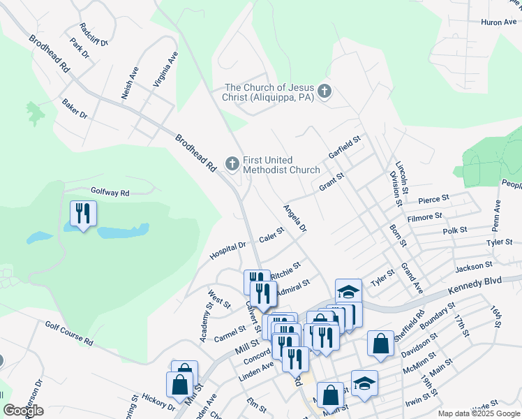 map of restaurants, bars, coffee shops, grocery stores, and more near 2794 Brodhead Road in Aliquippa