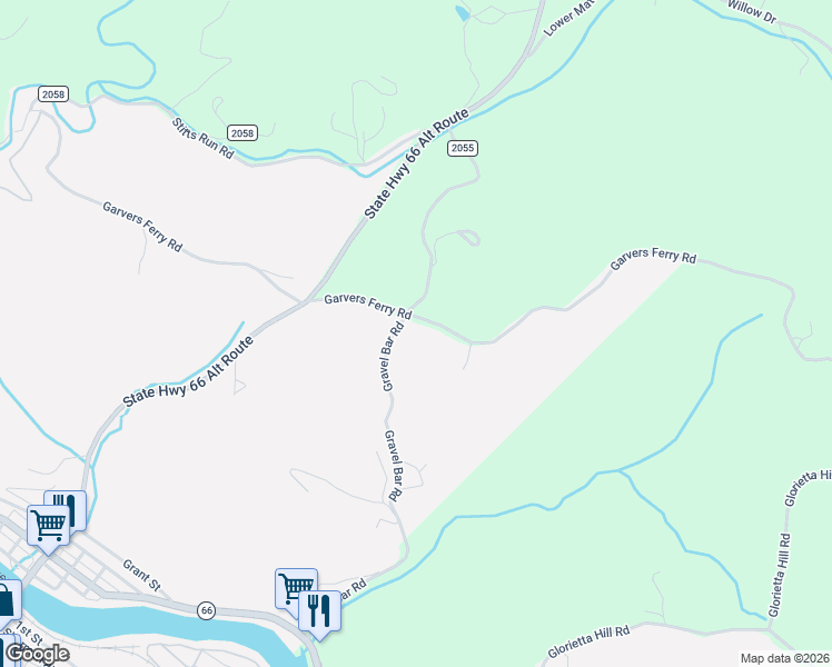 map of restaurants, bars, coffee shops, grocery stores, and more near 1256 Gravel Bar Road in Vandergrift