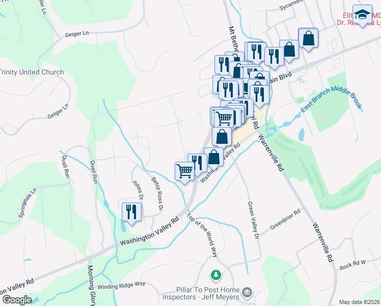 map of restaurants, bars, coffee shops, grocery stores, and more near 10 North Road in Warren
