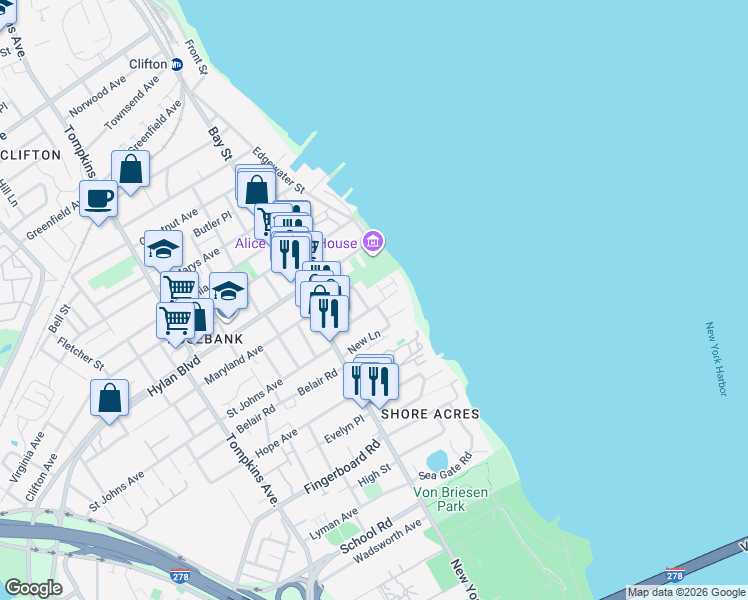 map of restaurants, bars, coffee shops, grocery stores, and more near 16 Waterview Court in Staten Island