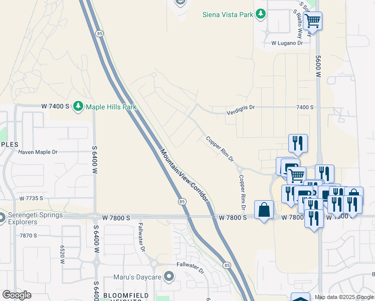map of restaurants, bars, coffee shops, grocery stores, and more near 6066 West Sapphire Street in West Jordan
