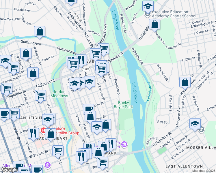 map of restaurants, bars, coffee shops, grocery stores, and more near 513 North Front Street in Allentown