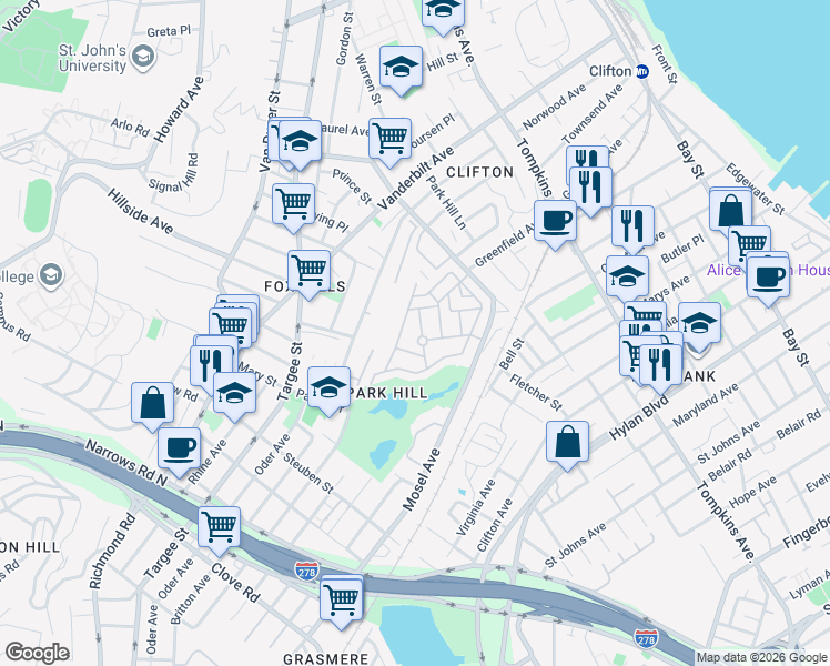 map of restaurants, bars, coffee shops, grocery stores, and more near 91 Long Pond Lane in Staten Island