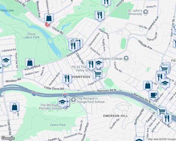 map of restaurants, bars, coffee shops, grocery stores, and more near 1372 Clove Road in Staten Island