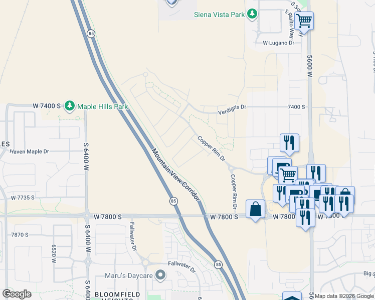 map of restaurants, bars, coffee shops, grocery stores, and more near 6084 West Sapphire Street in West Jordan