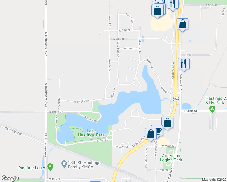map of restaurants, bars, coffee shops, grocery stores, and more near 915 North Shore Drive in Hastings