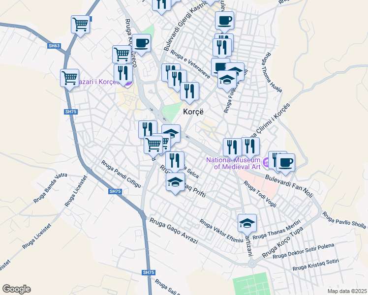 map of restaurants, bars, coffee shops, grocery stores, and more near Rruga Emin Duraku in Korçë