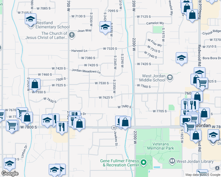 map of restaurants, bars, coffee shops, grocery stores, and more near 2378 West 7575 South in West Jordan