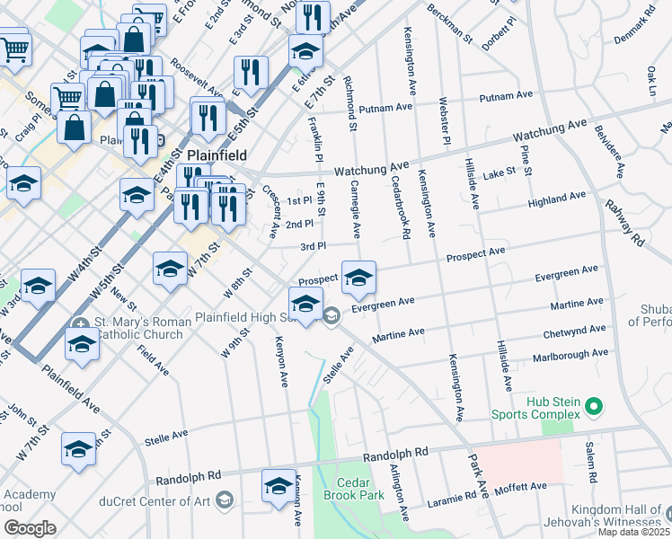 map of restaurants, bars, coffee shops, grocery stores, and more near 947 Prospect Avenue in Plainfield