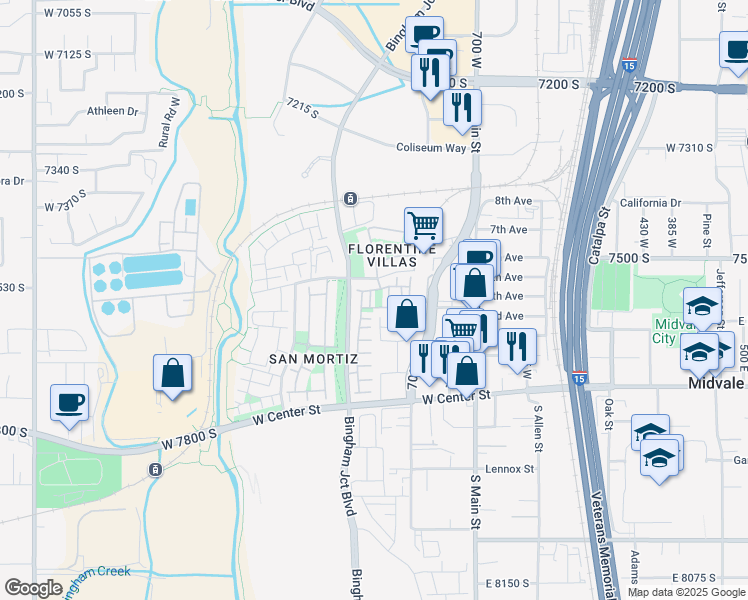 map of restaurants, bars, coffee shops, grocery stores, and more near 7541 Coreiano Lane in Midvale