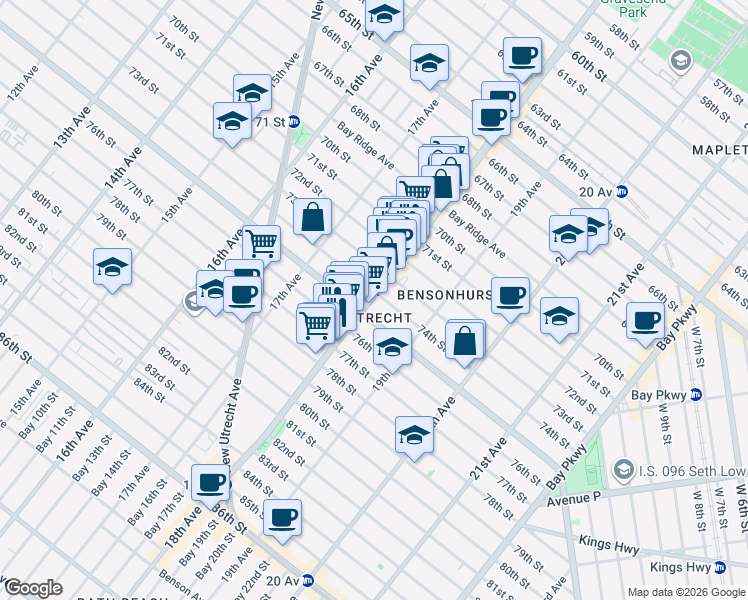 map of restaurants, bars, coffee shops, grocery stores, and more near 7311 18th Avenue in Brooklyn