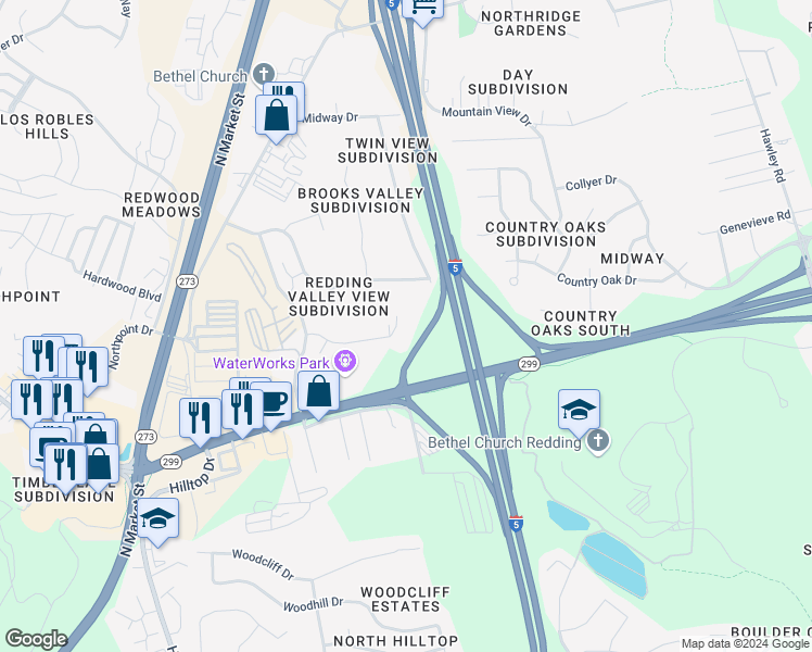 map of restaurants, bars, coffee shops, grocery stores, and more near 333 Boulder Creek Drive in Redding