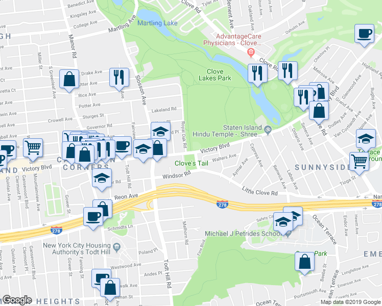 map of restaurants, bars, coffee shops, grocery stores, and more near 1518 Victory Boulevard in Staten Island
