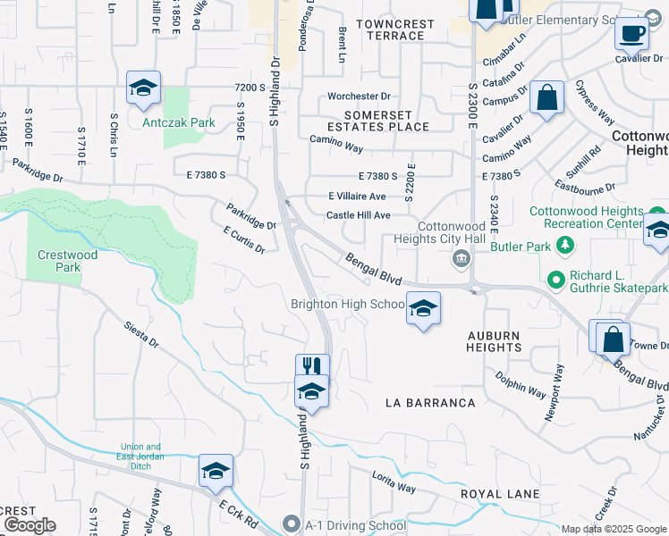 map of restaurants, bars, coffee shops, grocery stores, and more near 2100 Bengal Boulevard in Cottonwood Heights