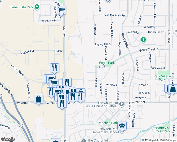 map of restaurants, bars, coffee shops, grocery stores, and more near 5426 Timm Court in West Jordan