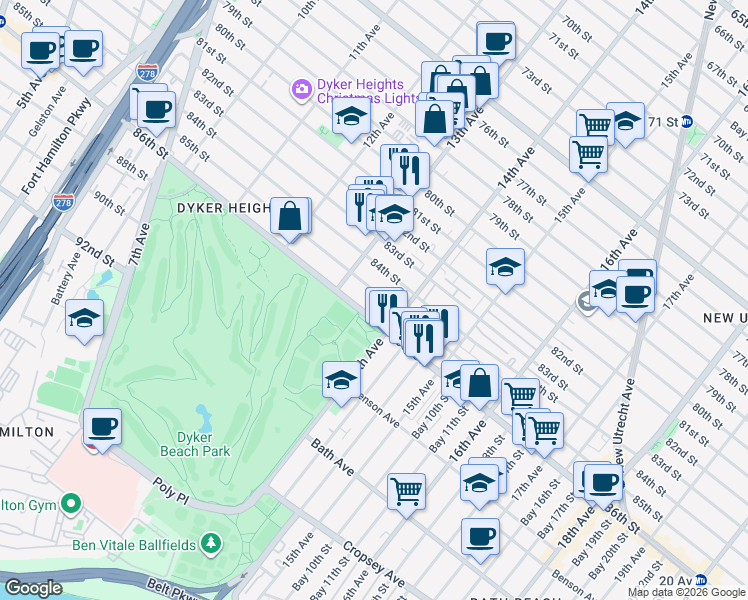 map of restaurants, bars, coffee shops, grocery stores, and more near 1316 85th Street in Brooklyn