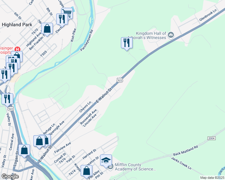 map of restaurants, bars, coffee shops, grocery stores, and more near 860 East Walnut Street in Lewistown
