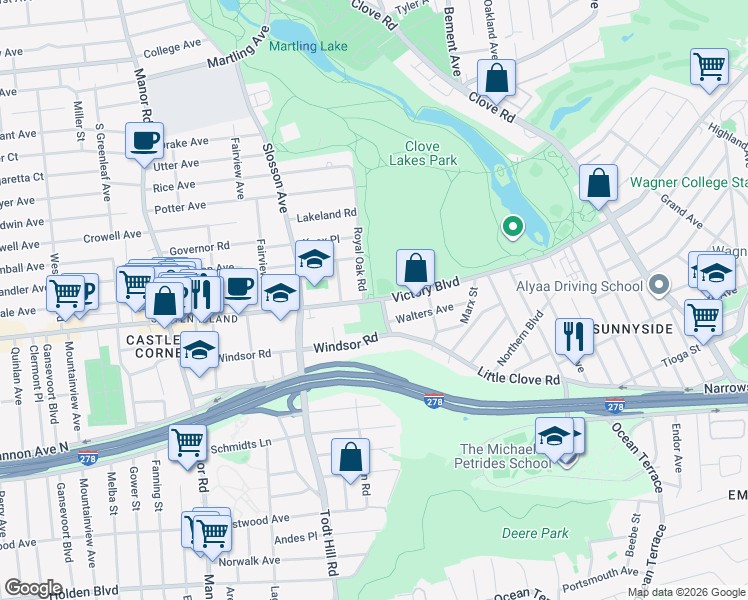 map of restaurants, bars, coffee shops, grocery stores, and more near Victory Boulevard in Staten Island