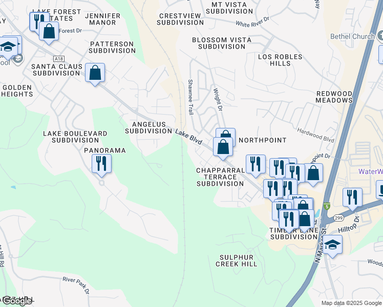 map of restaurants, bars, coffee shops, grocery stores, and more near 550 Buckeye Terrace in Redding