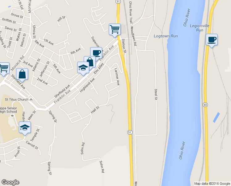 map of restaurants, bars, coffee shops, grocery stores, and more near 112 Milton Street in Aliquippa