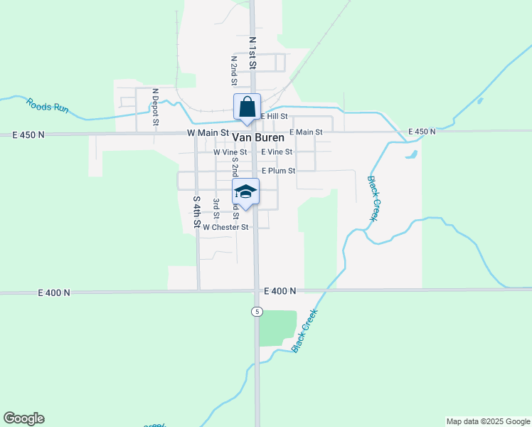 map of restaurants, bars, coffee shops, grocery stores, and more near 107 East Park Street in Van Buren