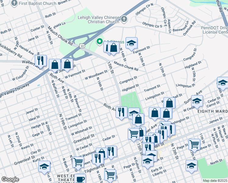 map of restaurants, bars, coffee shops, grocery stores, and more near 1513 Highland Street in Allentown