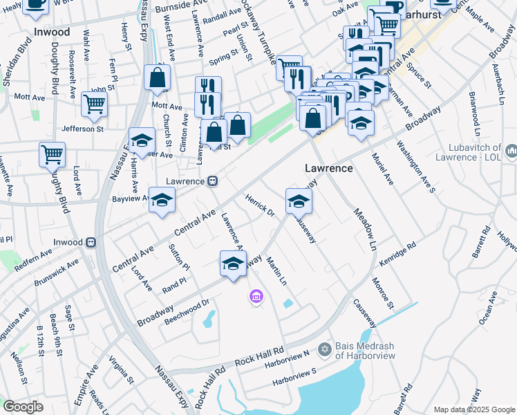 map of restaurants, bars, coffee shops, grocery stores, and more near 7 Herrick Drive in Lawrence