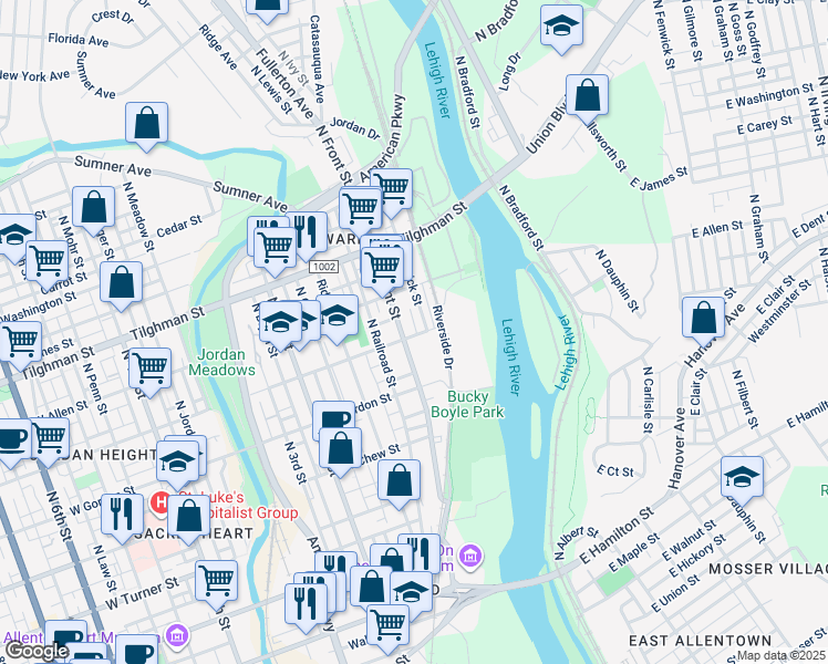 map of restaurants, bars, coffee shops, grocery stores, and more near 35 Liberty Street in Allentown