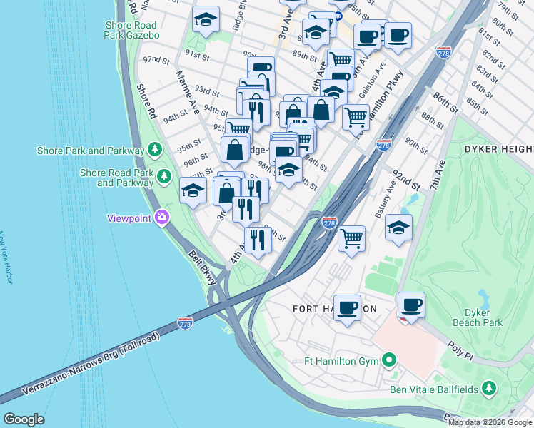 map of restaurants, bars, coffee shops, grocery stores, and more near 9801 4th Avenue in Brooklyn