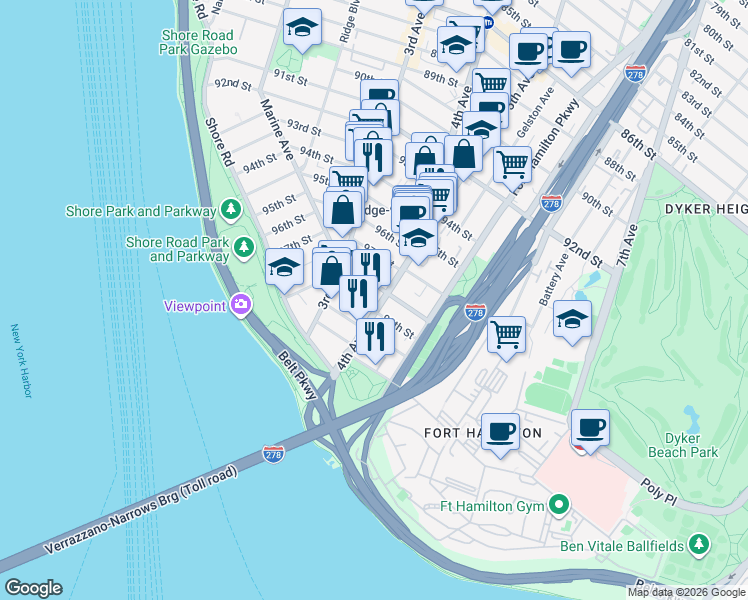 map of restaurants, bars, coffee shops, grocery stores, and more near 9824 4th Avenue in Brooklyn