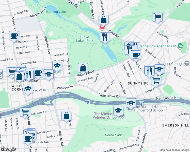 map of restaurants, bars, coffee shops, grocery stores, and more near 1408 Victory Boulevard in Staten Island
