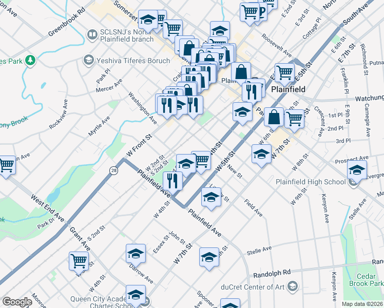 map of restaurants, bars, coffee shops, grocery stores, and more near 430 West 4th Street in Plainfield