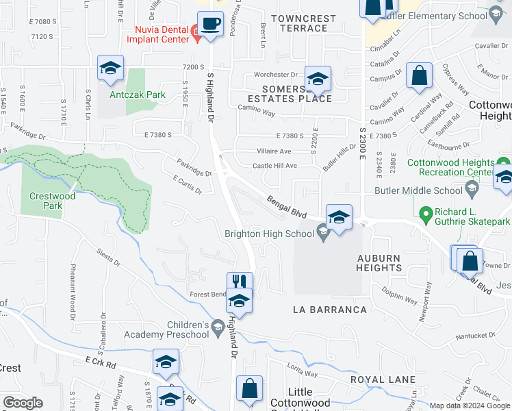 map of restaurants, bars, coffee shops, grocery stores, and more near 2100 Bengal Boulevard in Cottonwood Heights