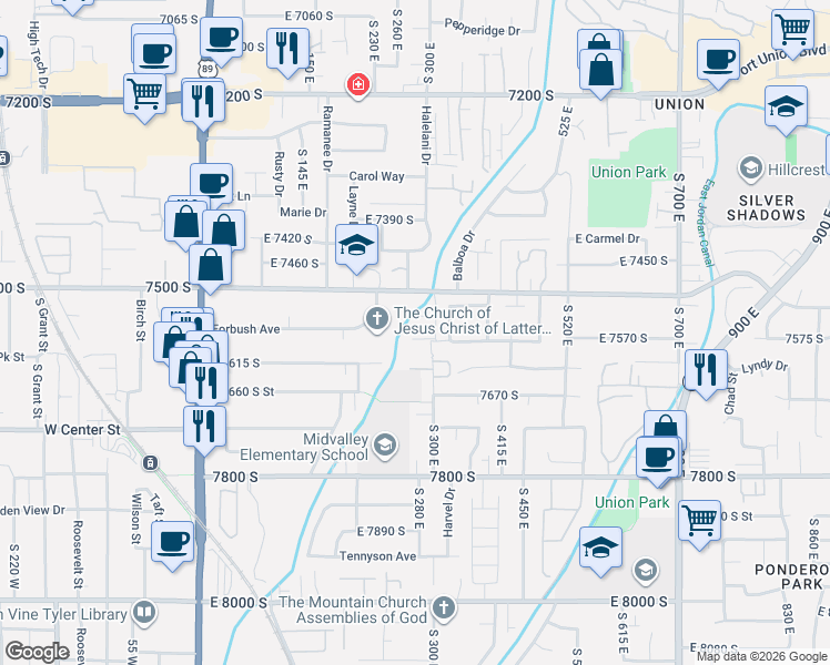 map of restaurants, bars, coffee shops, grocery stores, and more near 292 Regent Hill Circle in Midvale