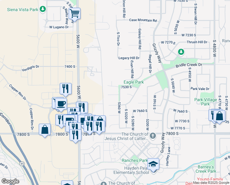 map of restaurants, bars, coffee shops, grocery stores, and more near 5426 Timm Court in West Jordan