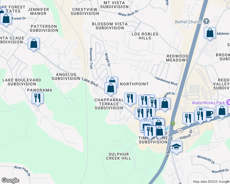 map of restaurants, bars, coffee shops, grocery stores, and more near in Redding