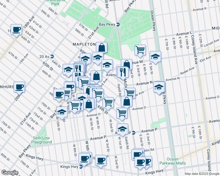 map of restaurants, bars, coffee shops, grocery stores, and more near 2311 62nd Street in Brooklyn
